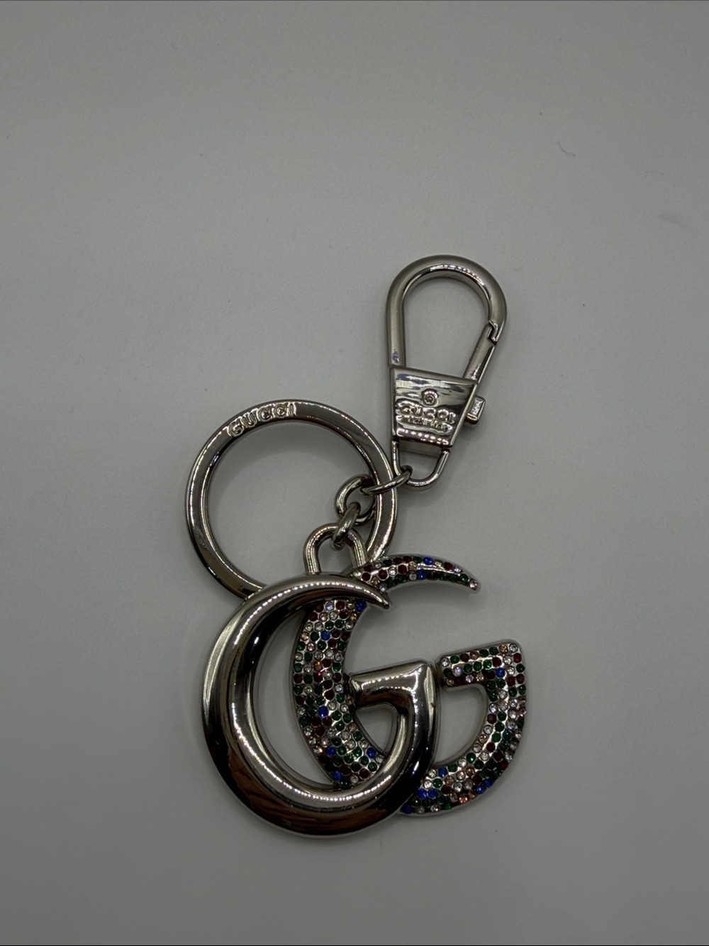 1456. Silver Crystal Interlocking GG Keyring